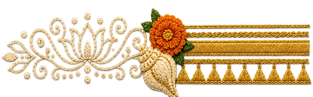 Embroidered lotus, shell and marigold in raised thread