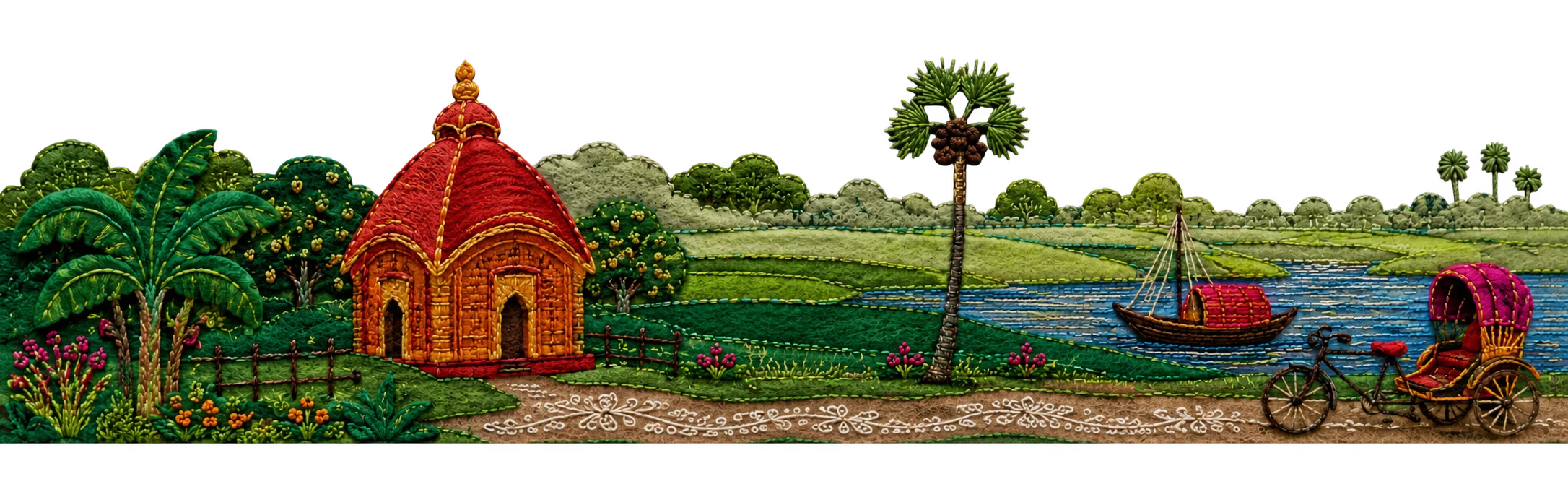 Embroidered scene of a Bengal village with a terracotta temple, a river, a boat and a cycle rickshaw
