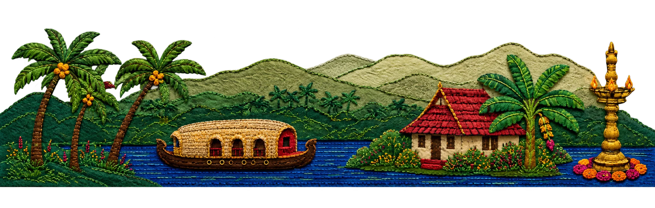 Embroidered scene of the Kerala backwaters with a houseboat, coconut palms and a brass lamp